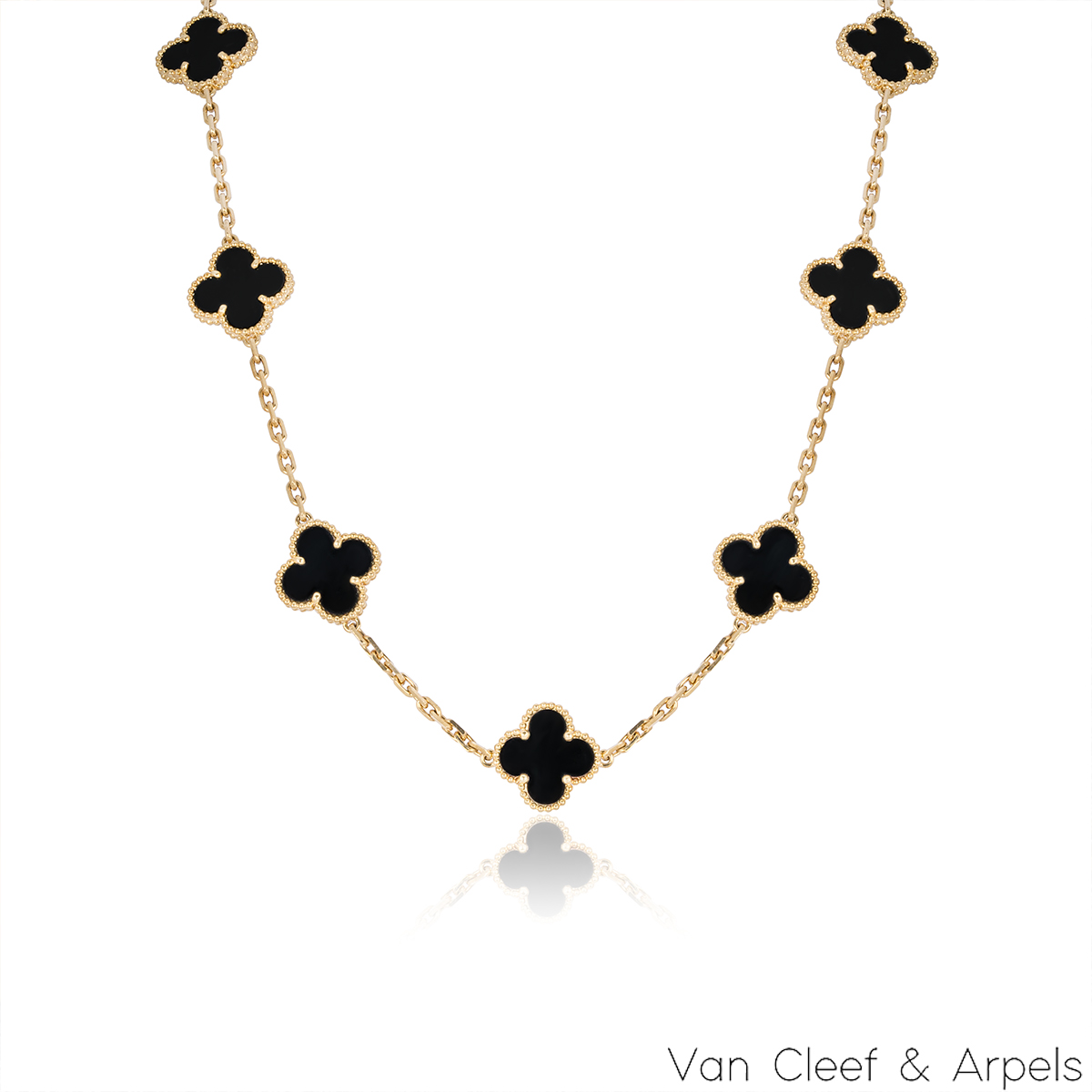 Van Cleef & Arpels Yellow Gold Onyx Vintage Alhambra 10 Motif Necklace VCARA42700 Van Cleef & Arpels Yellow Gold Onyx Vintage Alhambra 10 Motif Necklace VCARA42700